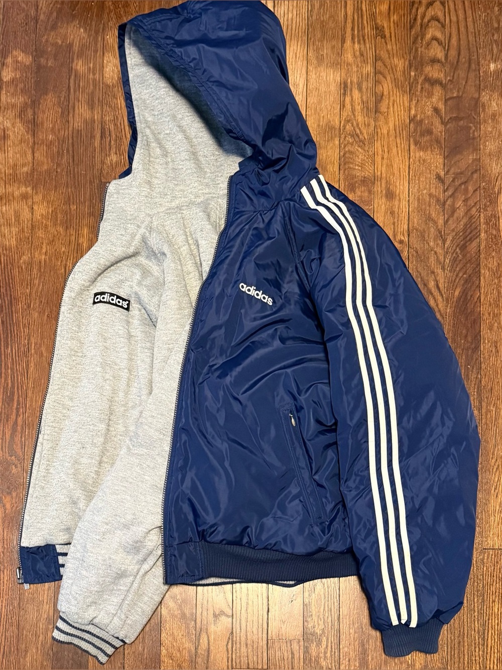 VTG 90s adidas Three Stripe Logo Reversible Full Zip Hooded Jacket